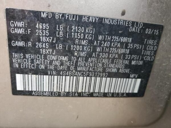 2015 SUBARU OUTBACK 2.5I LIMITED - Image 13